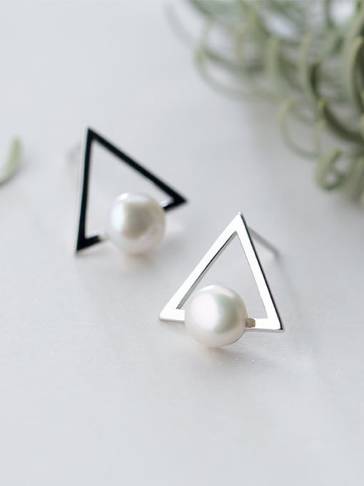 Rosh Elegant Triangle Shaped Artificial Pearl Silver Stud Earrings 0