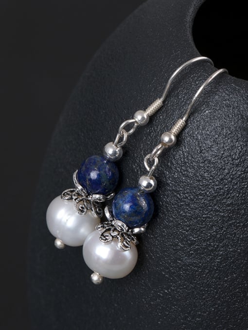 SILVER MI Retro style Freshwater Pearl Blue Stone Bead 925 Silver Earrings 0
