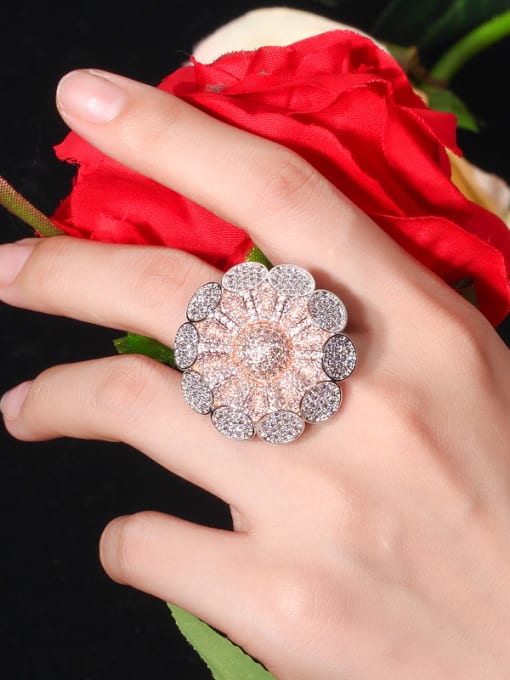 L.WIN Copper With Cubic Zirconia Luxury Flower Statement Rings 3