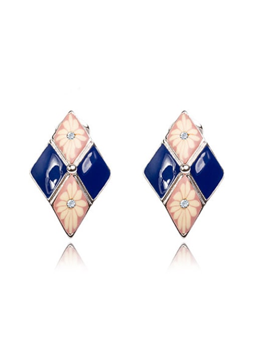 Platinum Blue Diamond Shaped Flower Pattern Enamel  Stud Earrings