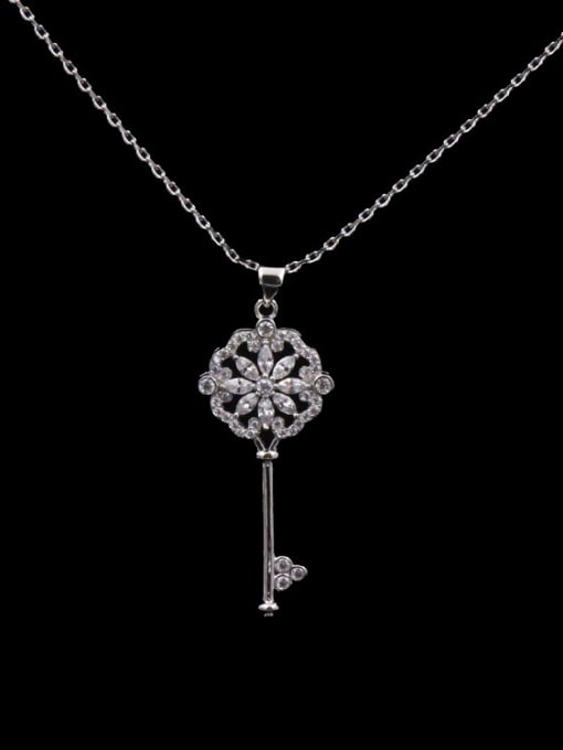 Silver White CZ Turquoise Copper Key Necklace