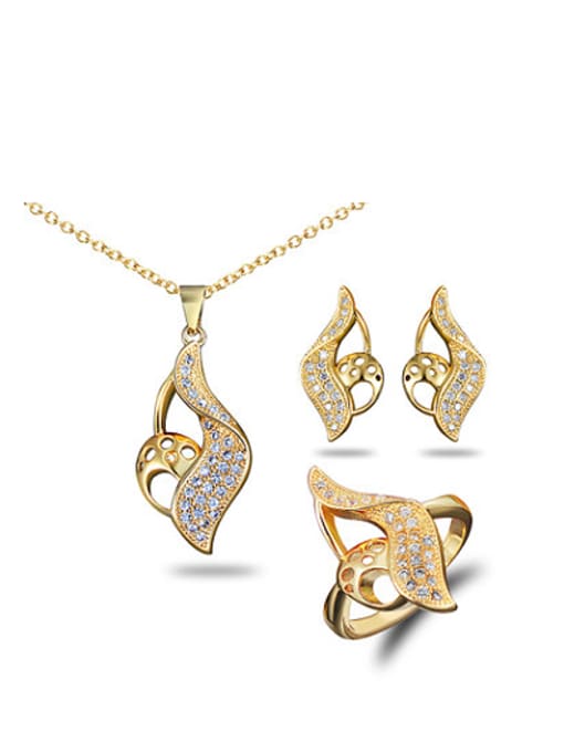 gold High Quality 18K Gold Plated Zircon Leaf Shaped Three Pieces Jewelry Set