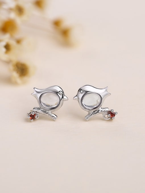 One Silver Tiny Bird Oval Stone 925 Silver Stud Earrings 0