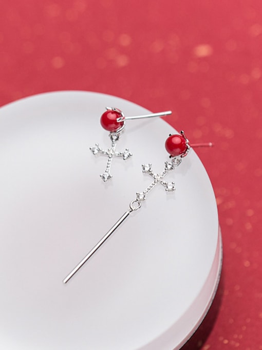red All-match Cross Shaped Asymmetric Red Shell S925 Silver Stud Earrings