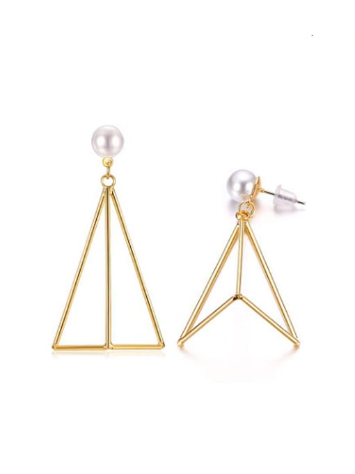 golden All-match Hollow Triangle Shaped Artificial Pearl Drop Earrings