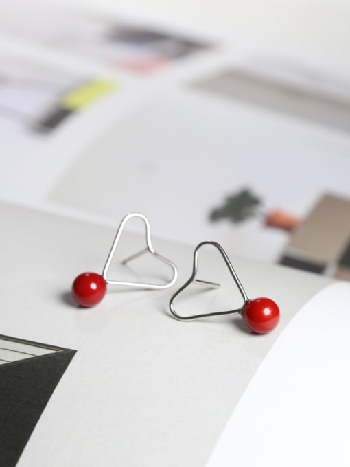Peng Yuan Fashion Hollow Heart Red Bead 925 Silver Stud Earrings 2