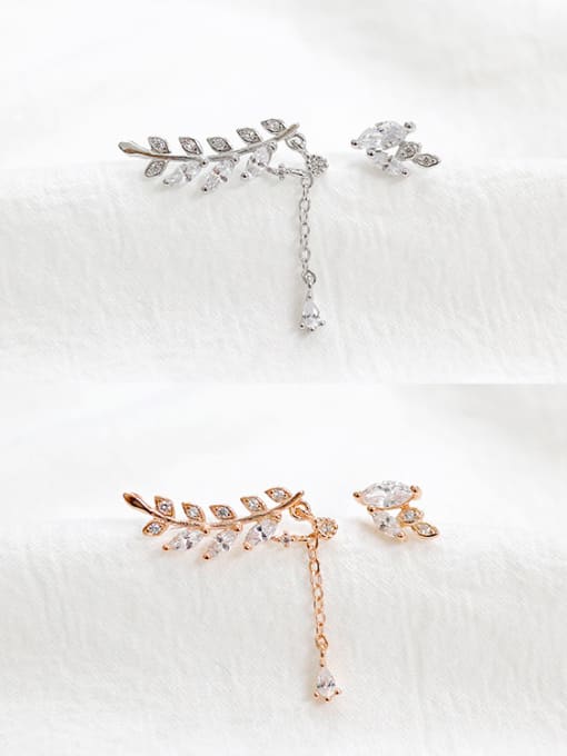 DAKA Fashion Asymmetrical Leaves Marquise Zircon Silver Stud Earrings 3