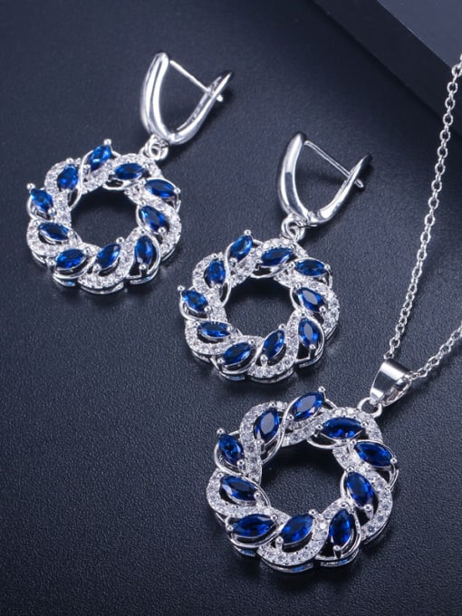 Blue Fashion Round Zircon Earring Pendant Two-Piece Set