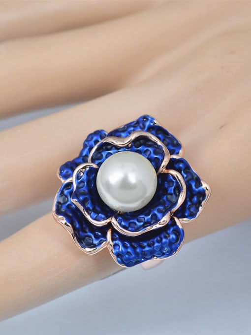 Wei Jia Fashion Exaggerated Blue Flower Artificial Pearl Alloy Ring 1