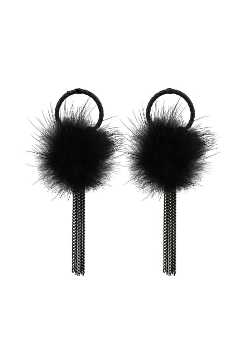 Gujin Fashion Fluff Ball Black Chain Tassels Drop Earrings 0
