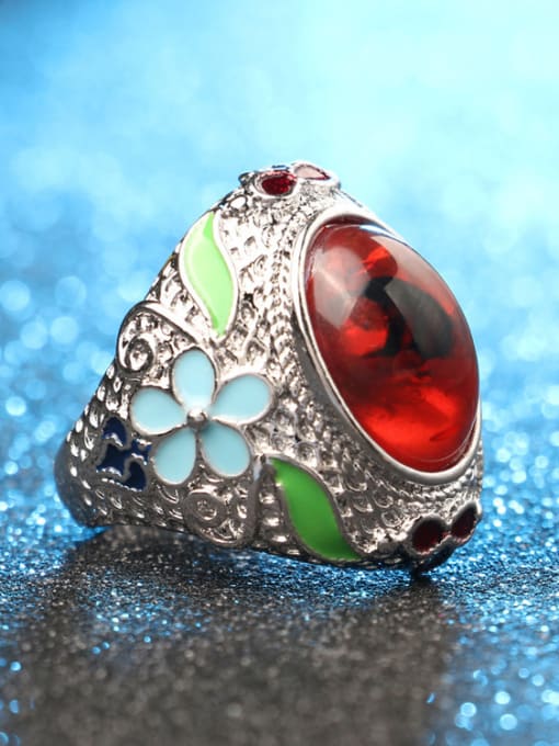 Gujin Ethnic style Personalized Red Resin stone Flowery Alloy Ring 2