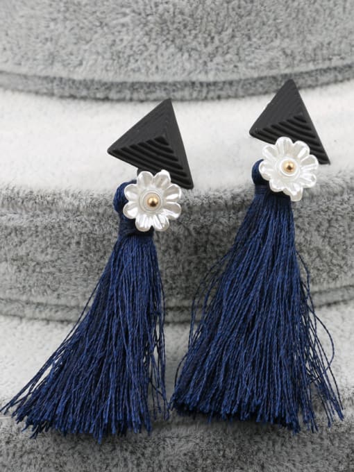 Gujin Fashion Blue Cashmere Tassels Little Daisy Flower Black Enamel Drop Earrings 2