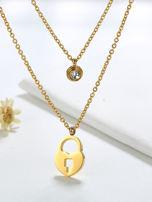 Golden Elegant Locket Shaped Gold Plated Rhinestone Titanium Necklace