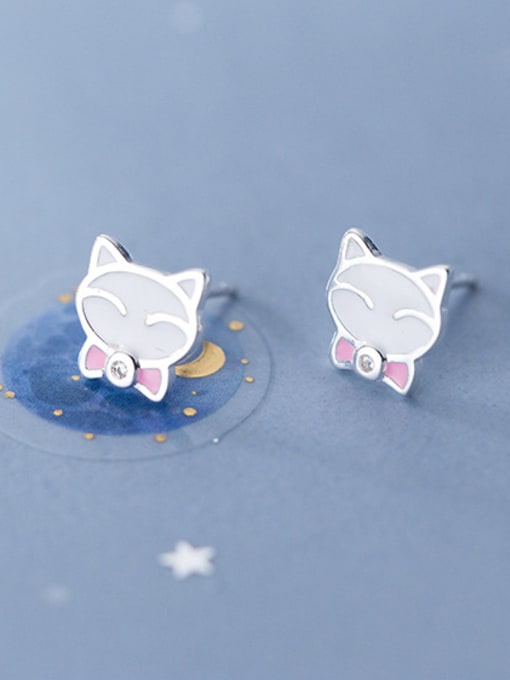 Rosh 925 Sterling Silver With Silver Plated Cute Pink Cat Stud Earrings 2