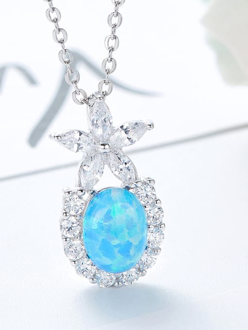 Blue Fashion Oval Opal stone White Zirconias 925 Silver Pendant