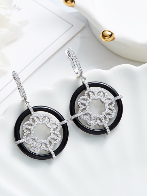 CEIDAI Fashion Cubic Zirconias Black Ceramics Flowery 925 Silver Earrings 2