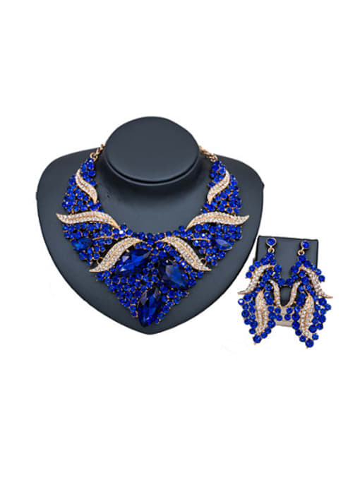 Blue Exaggerated Oval Glass Rhinestones Two Pieces Jewelry Set