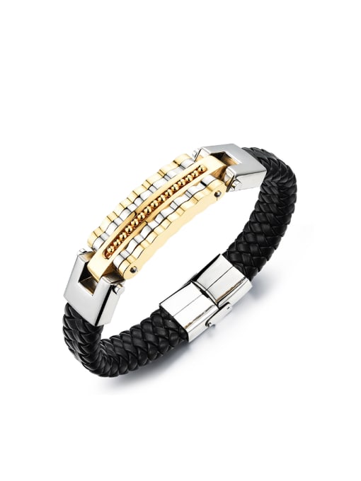 Gold Personalized Black Artificial Leather Men Bracelet