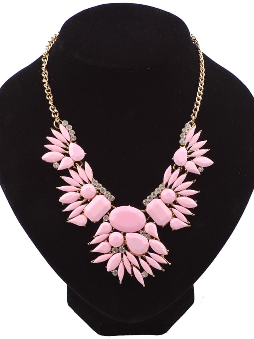 Pink Fashion Resin sticking Flowers Rhinestones Gold Plated Necklace