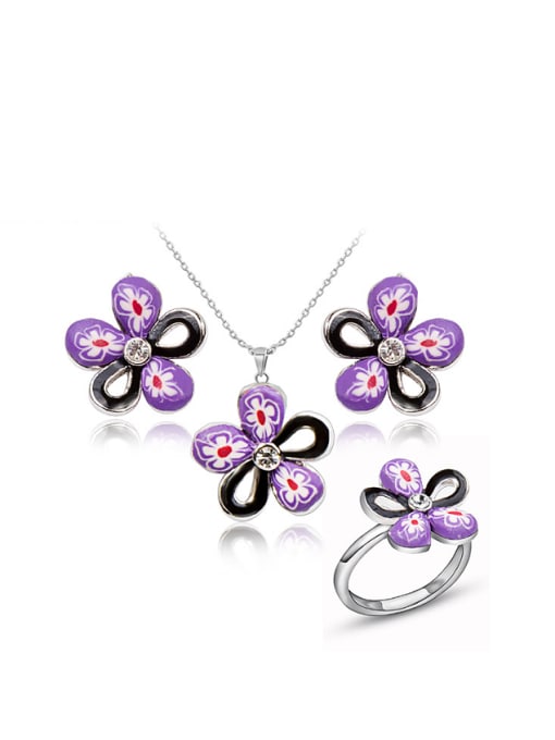 ring: 6# Purple Flower Shaped Polymer Clay Three Pieces Jewelry Set