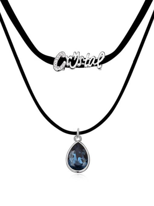 royal blue Simple Double Black Rope Water Drop austrian Crystal Alloy Necklace