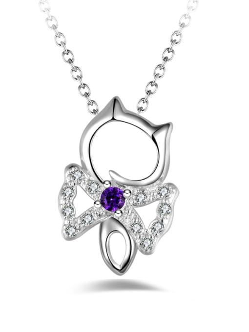 Purple Fashion Cartoon Kitten Shiny Cubic Zirconias Copper Necklace