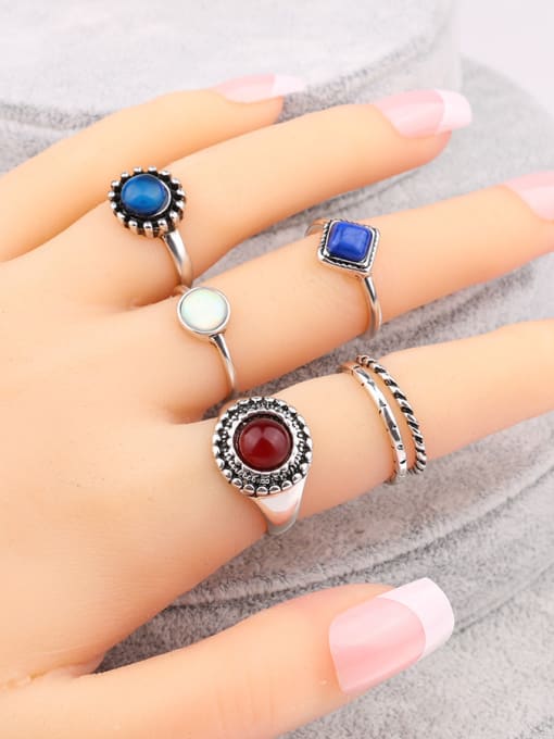 Gujin Antique Silver Plated Resin stones Alloy Ring Set 1