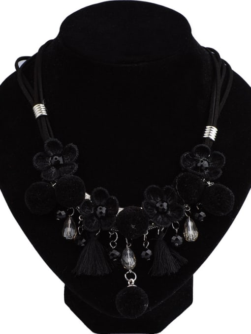 Black Ethnic style Small Pompon Tassels Artificial Leather Necklace