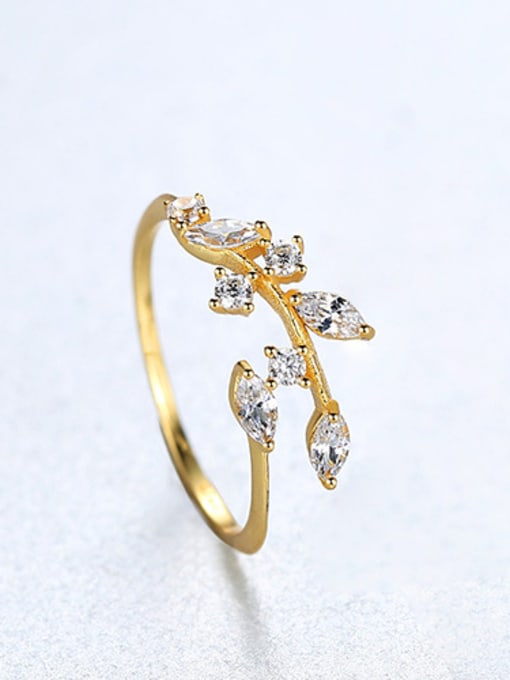 gold 925 Sterling Silver With  Cubic Zirconia Delicate Leaf Band Free Size Rings