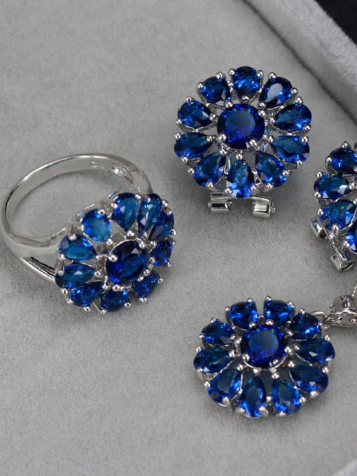 Dark Blue Ring 6 Yards Flower Zircon Three Pieces Jewelry Set