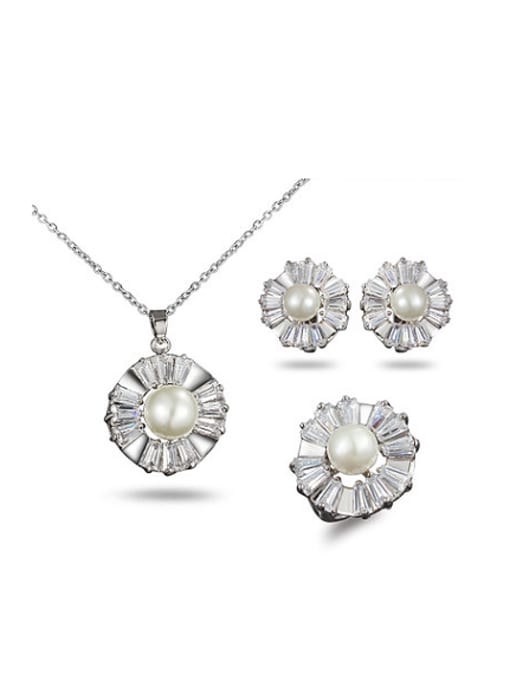 SANTIAGO Noble Flower Shaped Artificial Pearl Three Pieces Jewelry Set 0