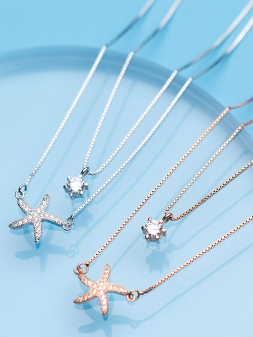 Rosh Sterling Silver Starfish micro-inlay zircon double-layer Necklace Chain