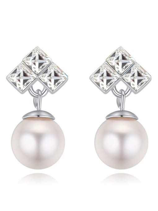 White Fashion Square austrian Crystals Imitation Pearl Alloy Stud Earrings