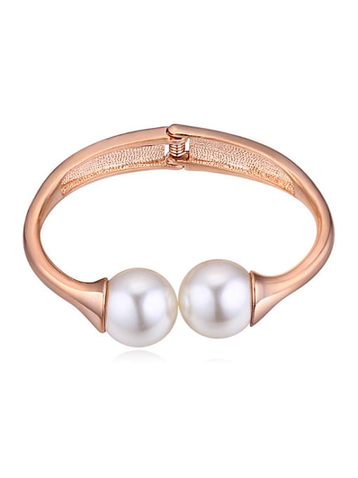 QIANZI Simple White Imitation Pearls Rose Gold Plated Alloy Bangle
