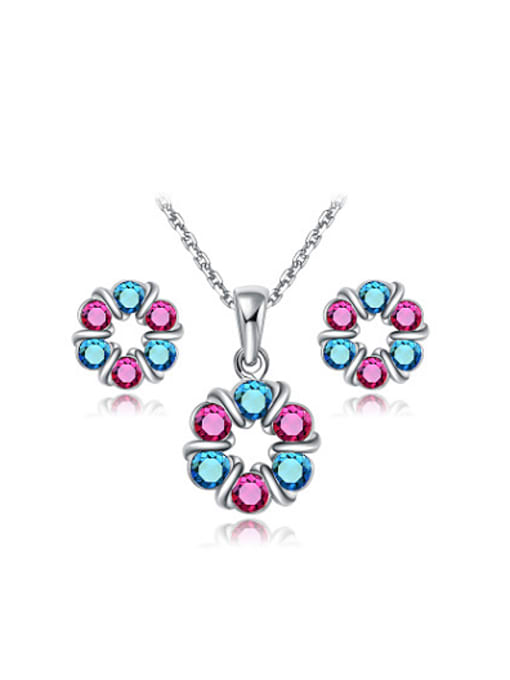 Platinum Colorful Flower Shaped Austria Crystal Two Pieces Jewelry Set