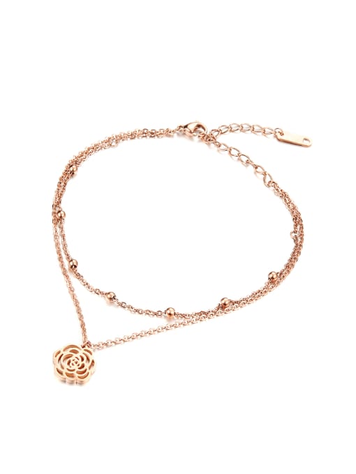 Open Sky Classical Hollow Flower Beads Rose Gold Plated Titanium Anklet 0