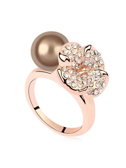 Brown Personalized Imitation Pearl Shiny Crystals-Covered Flower Alloy Ring