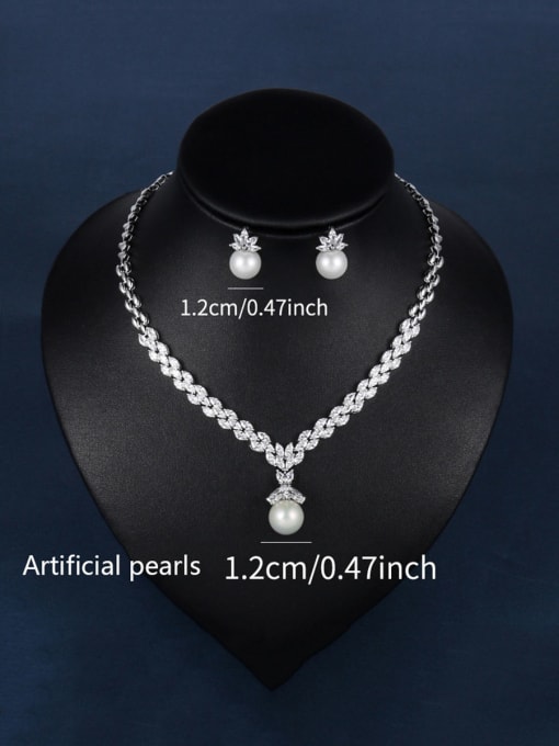 Small 1.2cm Pearl Copper With Platinum Plated Delicate Leaf Earrings And Necklaces 2 Piece Jewelry Set