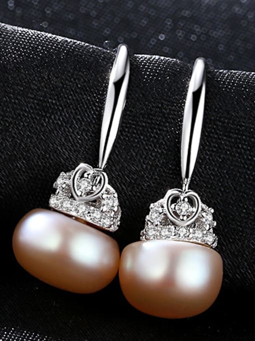 Pink Sterling Silver with 3A zircon 9-9.5mm Natural Freshwater Pearl Earrings