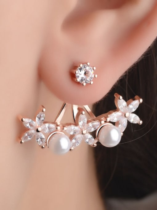 AI Fei Er Fashion Marquise Zirconias Flower Imitation Pearls Stud Earrings 1