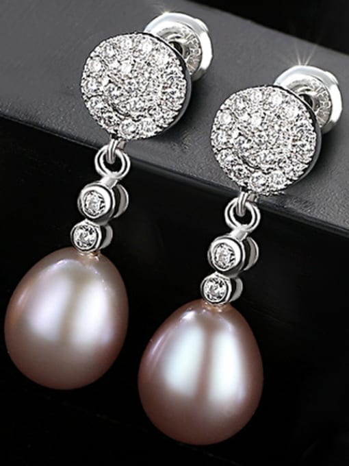 Purple Sterling silver micro-set 3A zircon 8-9mm natural pearl earrings