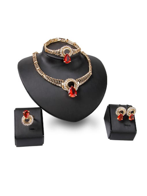 red 2018 Alloy Imitation-gold Plated Fashion Water Drop shaped Artificial Stones Four Pieces Jewelry Set