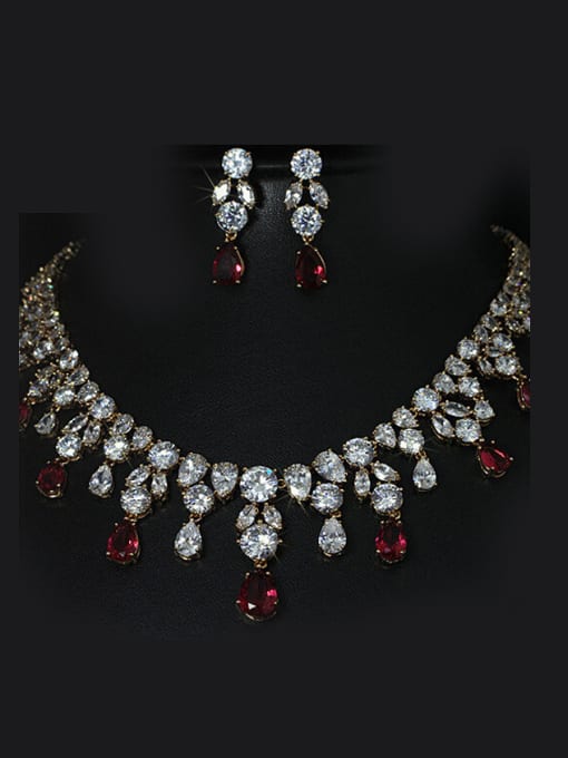 Gold Red  stones Shining Wedding Accessories Two Pieces Jewelry Set