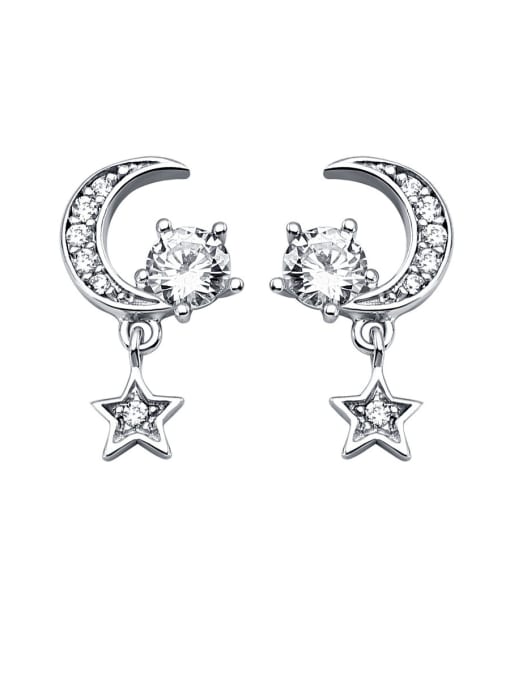 Sliver 925 Sterling Silver With Cubic Zirconia Trendy Moon Star Drop Earrings