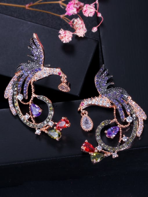 L.WIN Copper WithCubic Zirconia Exaggerated Colored phoenix  Cluster Earrings 0