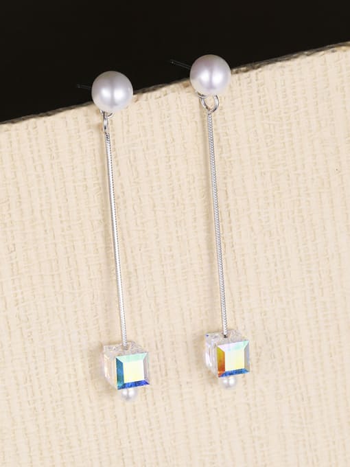 One Silver Charming Square Shaped Zircon Pearl Drop Earrings 3