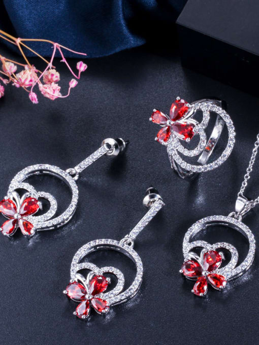 Red US 8 Copper With Cubic Zirconia  Delicate Flower 3 Piece Jewelry Set