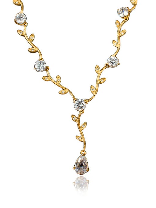 SANTIAGO Exquisite 18K Gold Plated Shining Zircon Leaf Necklace 0