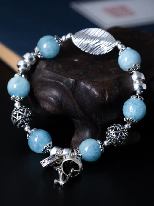 SILVER MI Retro style Natural Blue Beads 925 Silver Bracelet 1