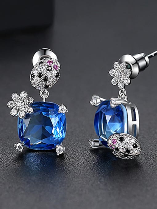 Blue-T04F15 Copper With Cubic Zirconia Cute Insect Ladybug Drop Earrings